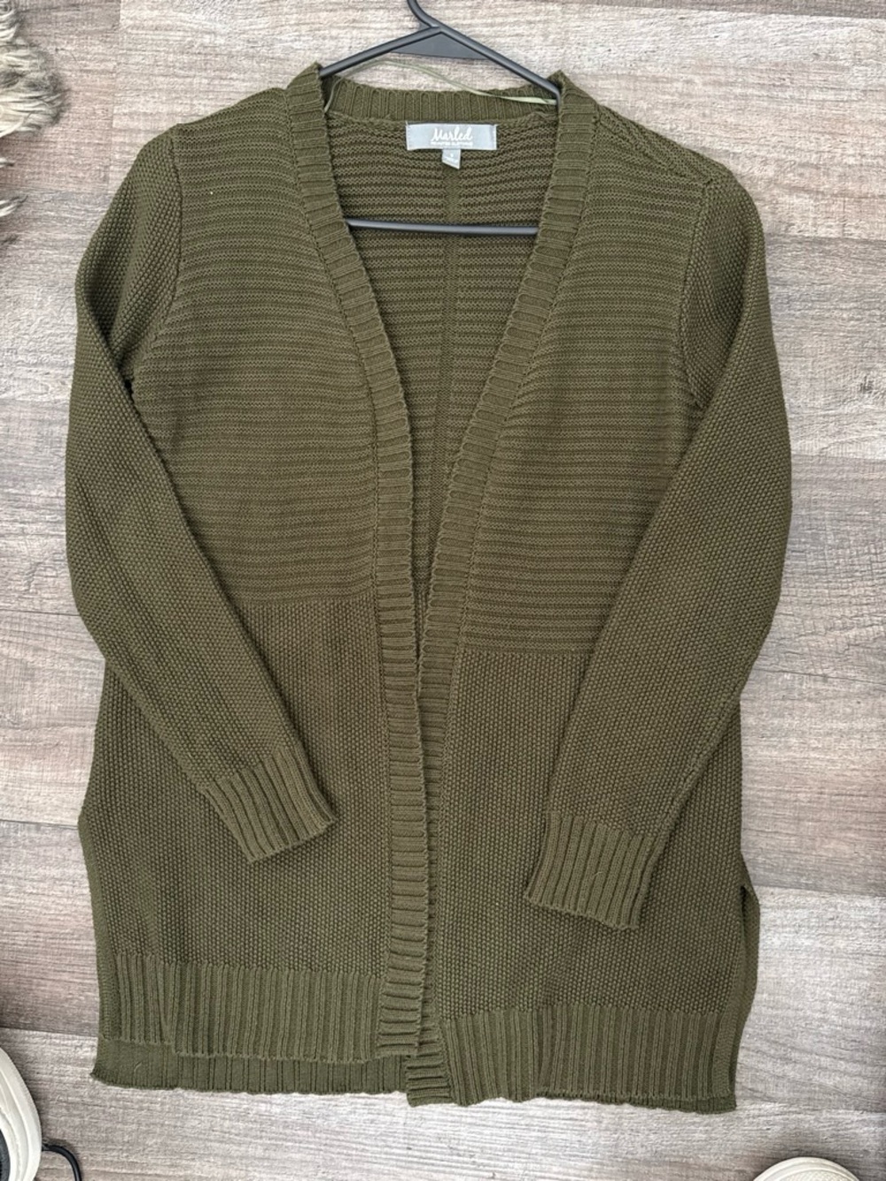 Open-Front Olive Green Knit Cardigan - Marled by Reunited Clothing